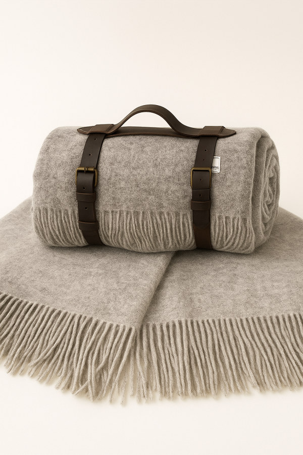 Плед тревел 100% вовна бежевий 140×200 см з ременем Love You