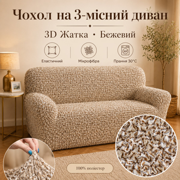 Еластичний чохол на 3-місний диван 3D Жатка бежевий Love You Italy