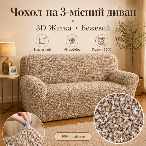 Еластичний чохол на 3-місний диван 3D Жатка бежевий Love You Italy