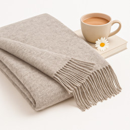 Плед тревел 100% вовна бежевий 140×200 см з ременем Love You