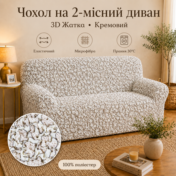 Еластичний чохол на 2-місний диван 3D Жатка кремовий Love You Italy