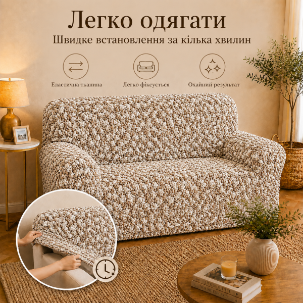 Еластичний чохол на 2-місний диван 3D Жатка бежевий Love You Italy