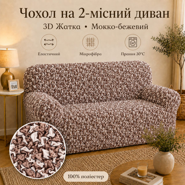 Еластичний чохол на 2-місний диван 3D Жатка мокко-бежевий Love You Italy