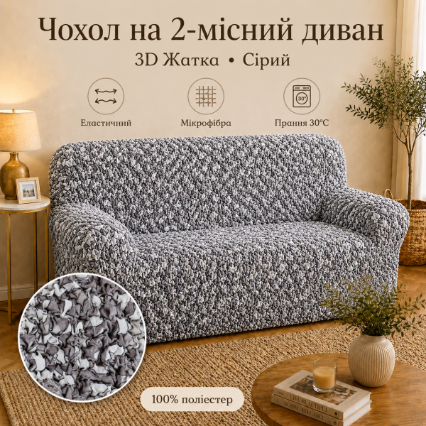 Еластичний чохол на 2-місний диван 3D Жатка сірий Love You Italy