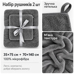 Набор полотенец 2 шт 35x75 см+70x140 см тёмно серый LoveYouHome