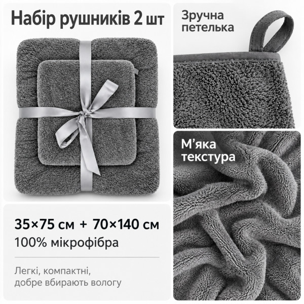 Набір рушників 2 шт 35x75 см+70x140 см темно сірий LoveYouHome