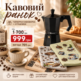 Набір «Кавовий ранок»: гейзерна кавоварка VITRINOR BLACK + 3 кухонні рушники HomeBrand