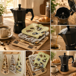Набор «Кофейное утро»: гейзерная кофеварка VITRINOR BLACK + 3 кухонных полотенца HomeBrand