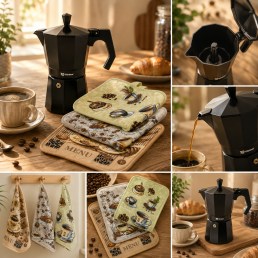 Набір «Кавовий ранок»: гейзерна кавоварка VITRINOR BLACK + 3 кухонні рушники HomeBrand