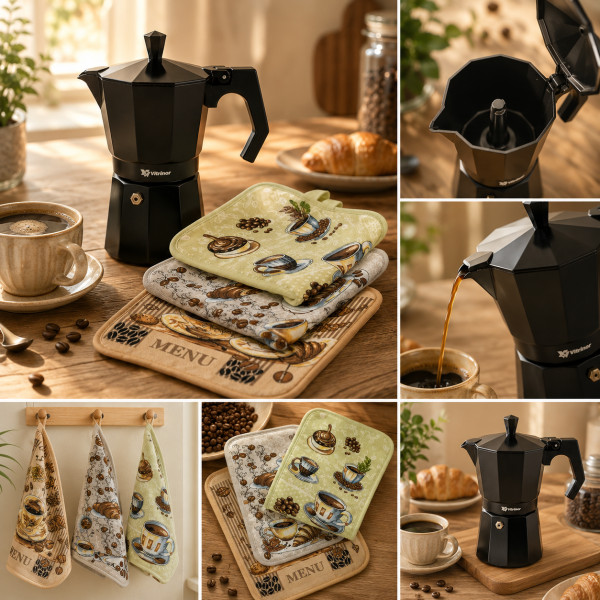 Набор «Кофейное утро»: гейзерная кофеварка VITRINOR BLACK + 3 кухонных полотенца HomeBrand