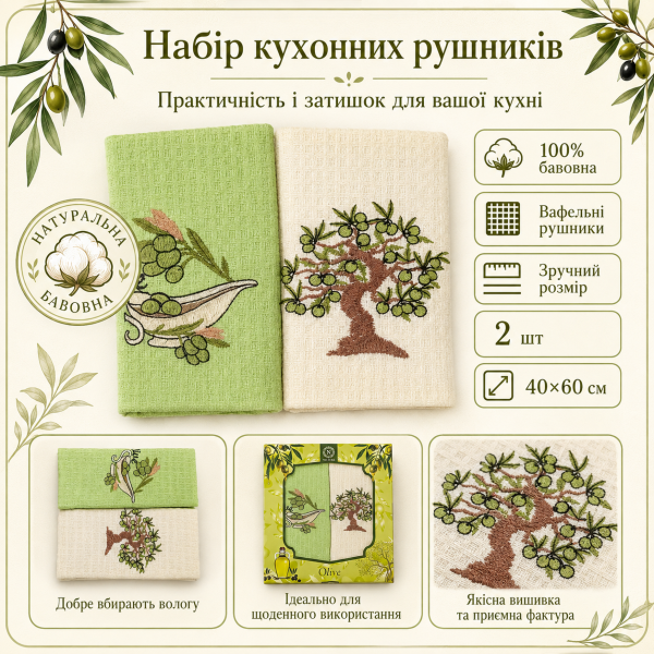 Набір вафельних рушників 2 шт 40x60 см Олива білий/салат LoveYouHome