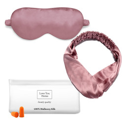 Набір:маска пов'язка для волосся чех беруші Love You Темно рожевий 100% шовк Рожевий