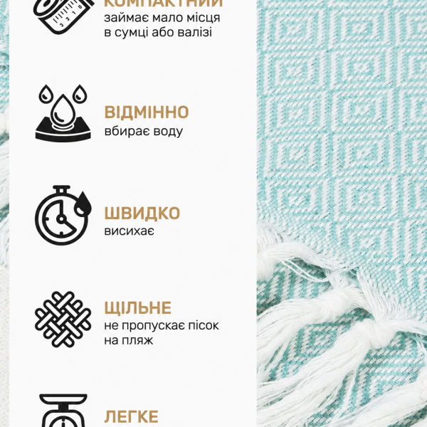 Рушник-пештемаль бавовняний для дому та відпочинку 100х180 см м'ятний LoveYouHome
